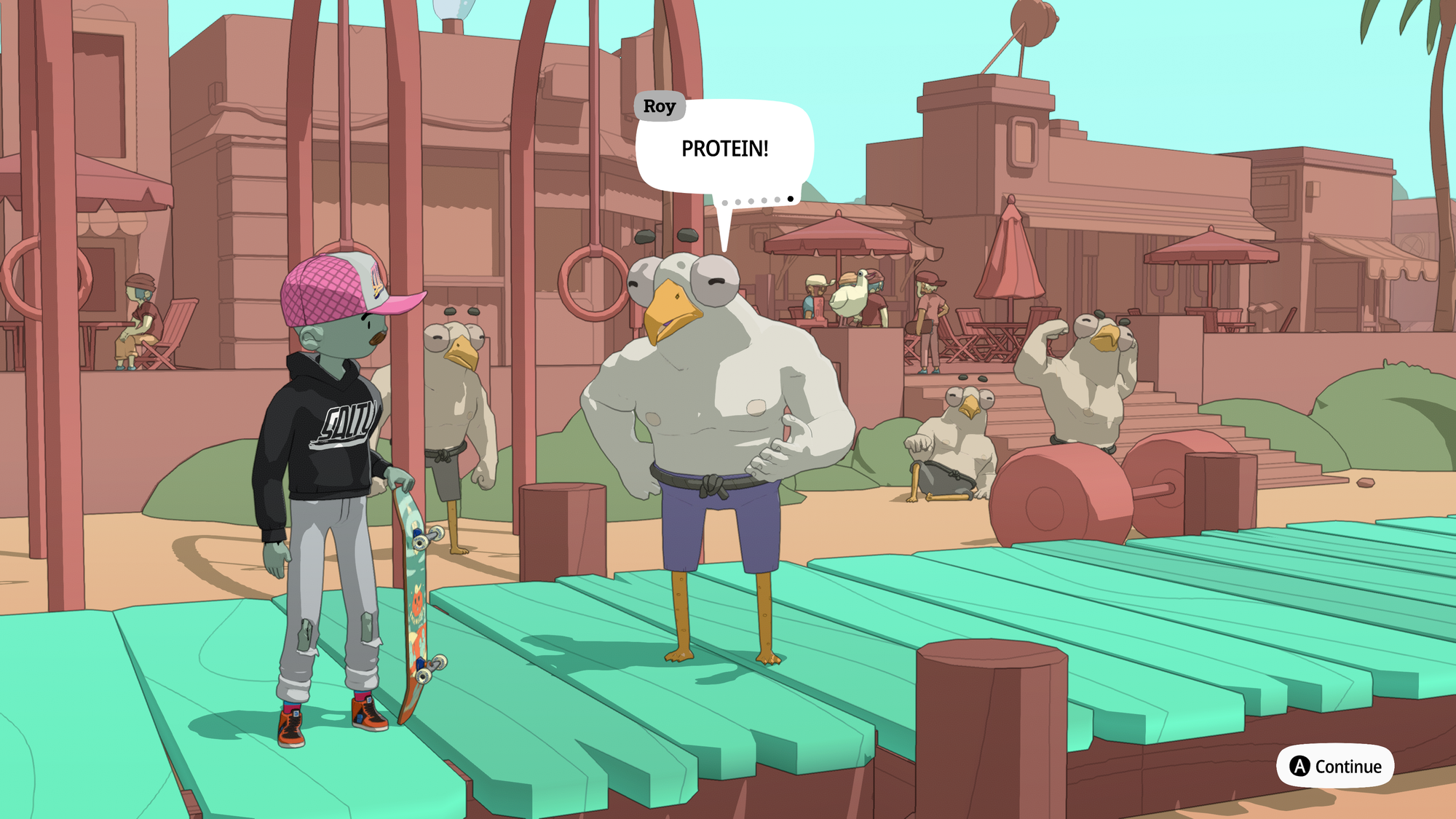 A skateboarder talks to a giant, swole seagull. The seagull is saying "PROTEIN!"