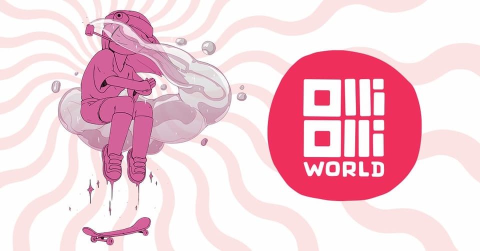 A banner image for OlliOlli World. A pink girl floats above a skateboard in a cloud of smoke.